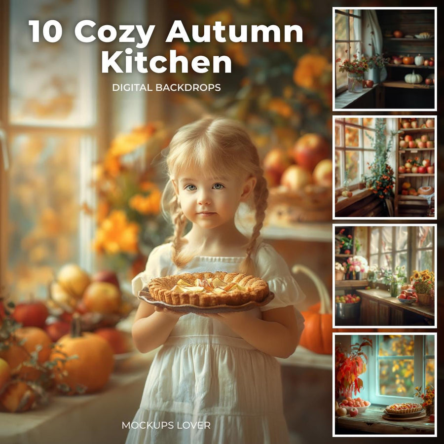autumn kitchen photography backdrop with rustic decor and vintage farmhouse elements
