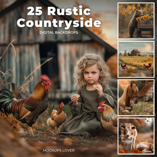 scene with farm animals like pig, duck, cow, hen, horse on autumn road, rustic backdrop, suitable for photography and editing