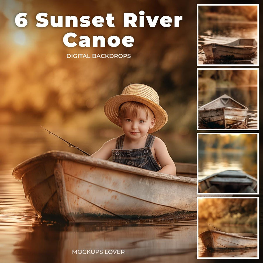 summer river scene with children and wooden canoe, digital cover image