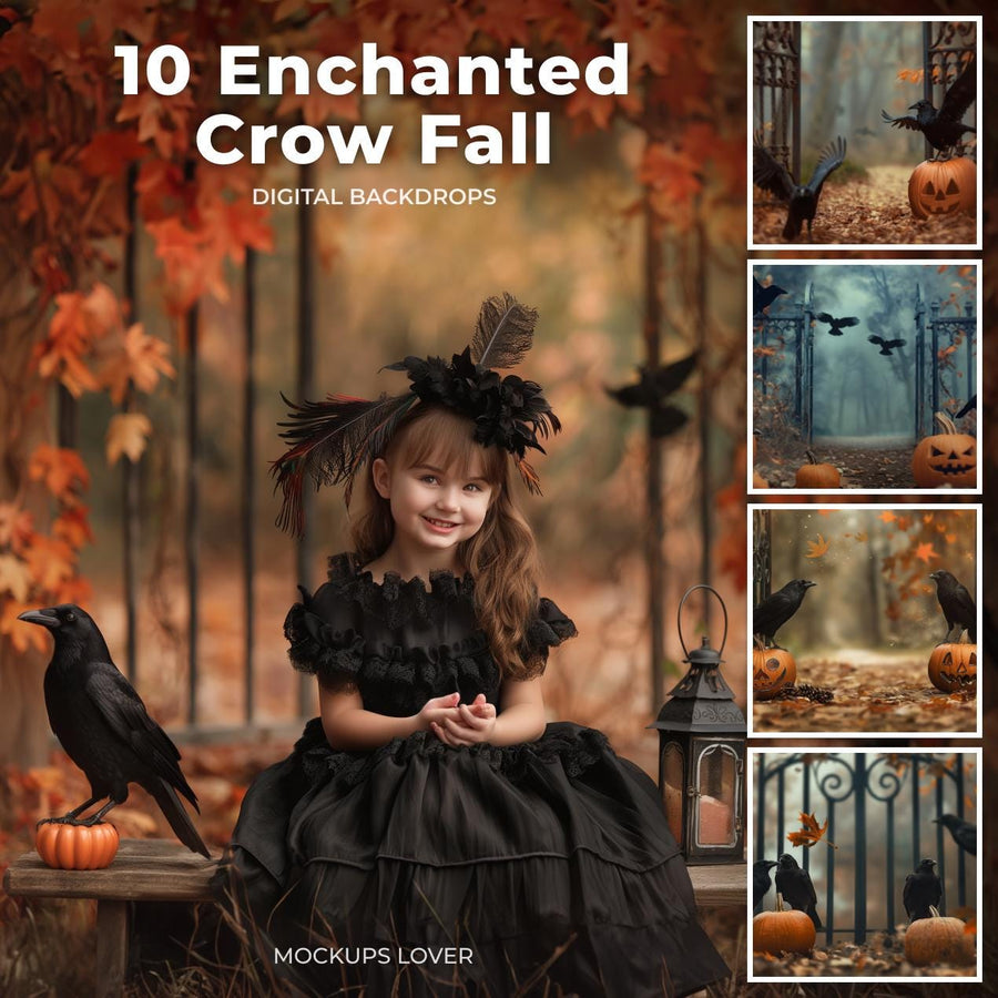 halloween scarecrow scene with pumpkins and ravens, cover of digital background bundle