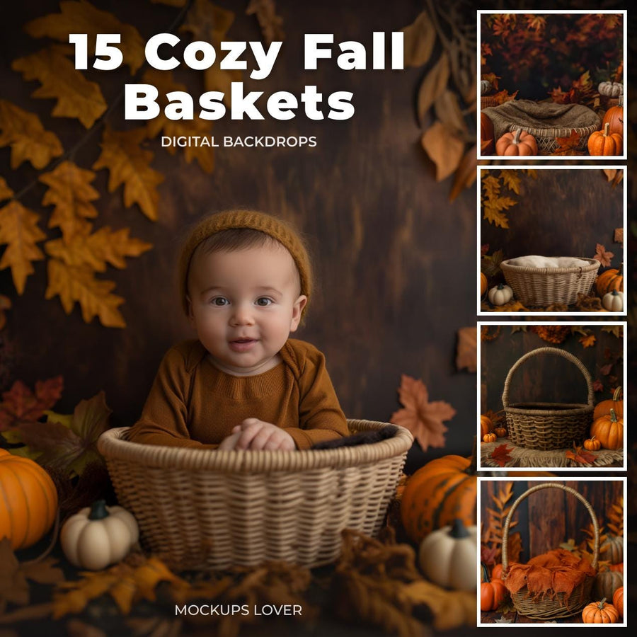 newborn in wooden basket surrounded by autumn leaves, digital backdrop for creative photo shoots