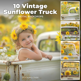 sunflower digital photography backdrops set featuring vintage truck in rustic farm field scene