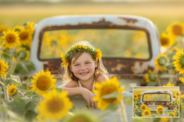 Sunflower Digital Photography Backdrops Set, Vintage Truck Digital Background, Summer Holiday Backdrop, Photo Editing, Rustic, Farm, Field