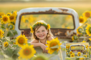 Sunflower Digital Photography Backdrops Set, Vintage Truck Digital Background, Summer Holiday Backdrop, Photo Editing, Rustic, Farm, Field