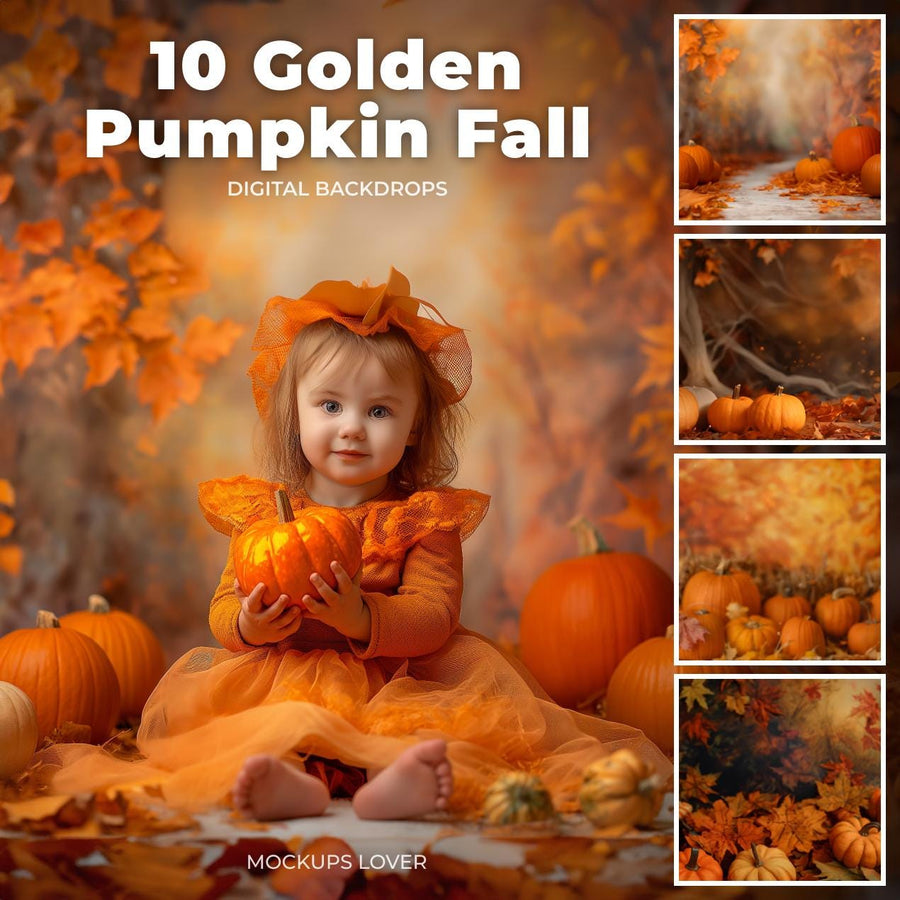 autumn studio portrait with fall leaves and pumpkins, perfect digital backdrop for halloween or fall family photos
