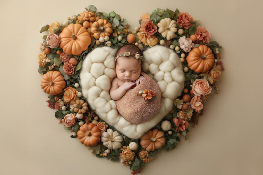 newborn baby in a fall-themed scene with pumpkins and heart bowl, perfect for digital photo shoots