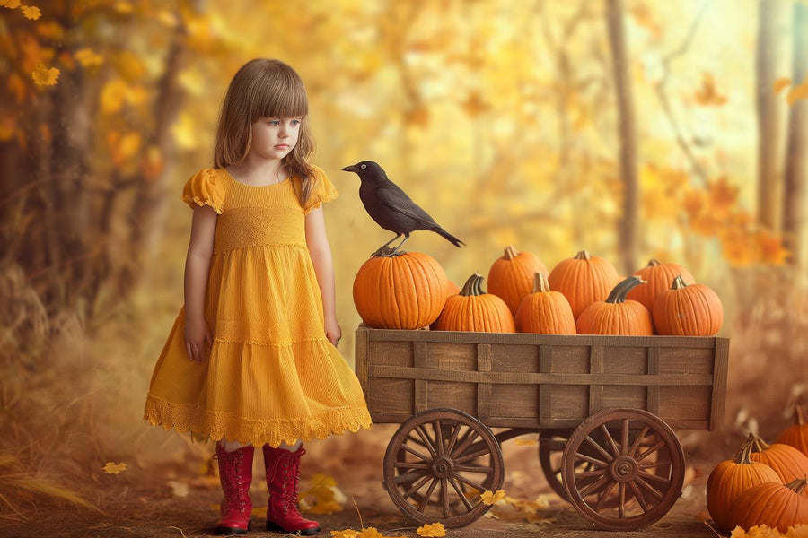 pumpkin cart and fall forest scene for kids outdoor photography backdrop