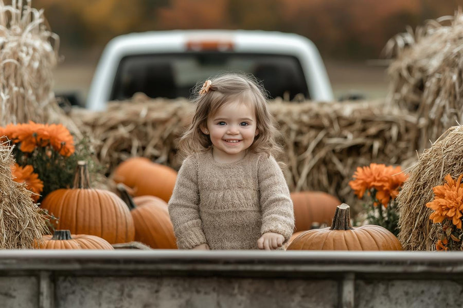 autumn rustic digital background with fall truck and pumpkin scene, ideal for family and kids outdoor photos