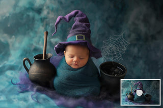 Halloween Newborn Digital Backdrop Bundle, Face Swap Overlay, Witch Broom, Cauldron, Baby Prop, Studio Background, Photoshop Template