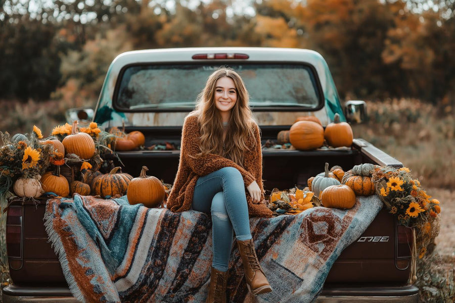 vintage truck with pumpkins and flowers, boho style backdrop for family and pet portraits