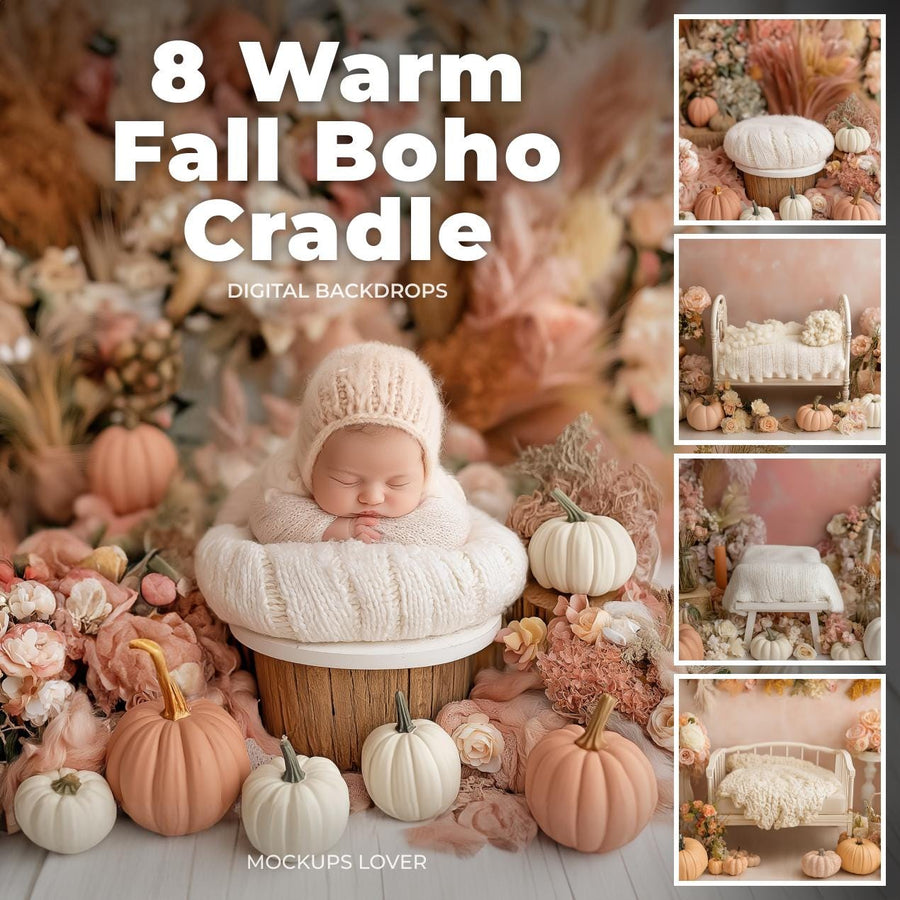 scene of a cute newborn baby in a pumpkin patch with fall leaves, designed as a digital backdrop for photo shoots