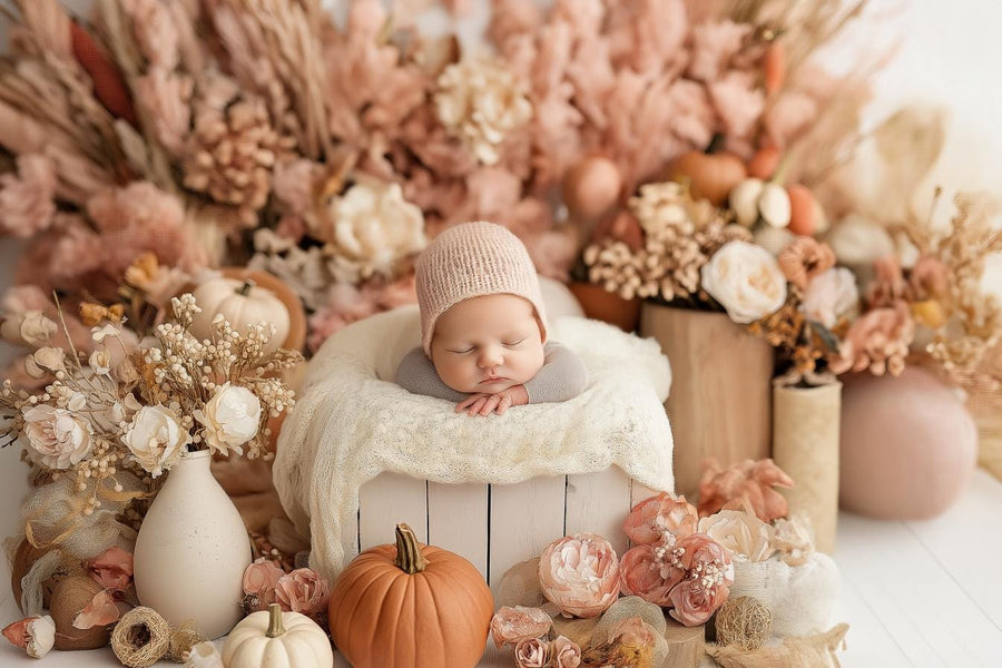 newborn baby with fall pumpkin and floral backdrop, studio setting, digital photography prop, perfect for photo shoots