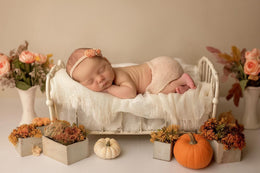newborn baby surrounded by autumn pumpkins, ideal for cute halloween photoshoots and fall photography with digital backdrops