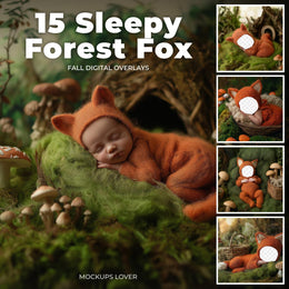 cute newborn baby with fox face overlay in enchanted forest backdrop, suitable for creative photography