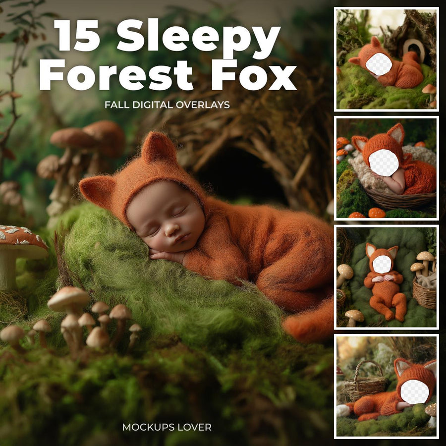 cute newborn baby with fox face overlay in enchanted forest backdrop, suitable for creative photography