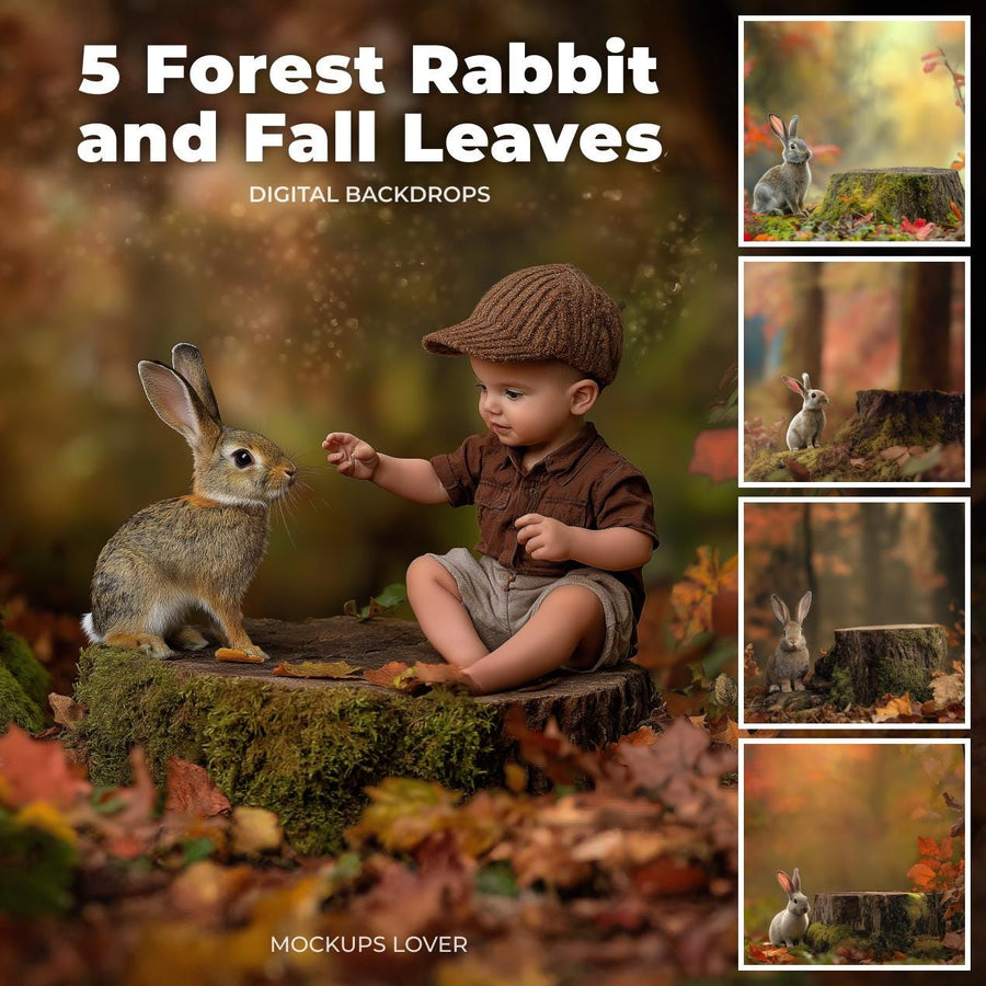 autumn woods scene with rabbit and log cover for digital photography bundle