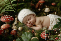Newborn Digital Backdrop Bundle, Fantasy Forest Photo Background, Magic Mushrooms, Fall Baby Portrait Prop, Photoshop & Canva Template