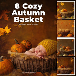 scene of a newborn baby girl and boy in an autumn forest with leaves, pumpkins, and fall foliage, on a photoshop template