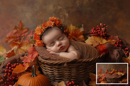 4 Fall Newborn Digital Photography Background Bundle, Autumn Nest Backdrop, Pumpkins, Baby Studio Vintage Prop, Photoshop Template