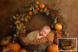 4 Fall Newborn Digital Photography Background Bundle, Autumn Nest Backdrop, Pumpkins, Baby Studio Vintage Prop, Photoshop Template