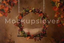 Fall Newborn Digital Photography Background, Autumn Studio Baby Portrait Prop, Fall Leaves, Wooden Swing, Photoshop Template