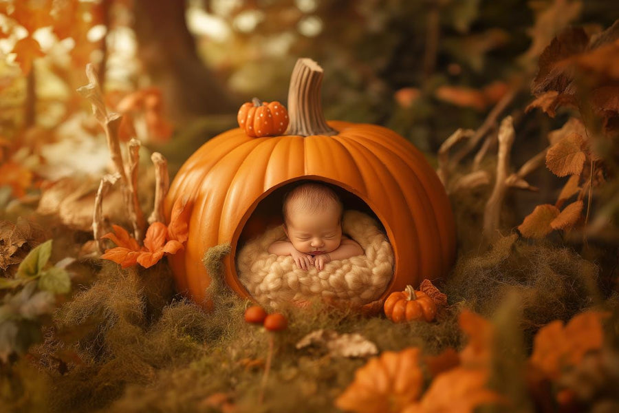 baby with giant pumpkin in fall forest backdrop, perfect for newborn photography