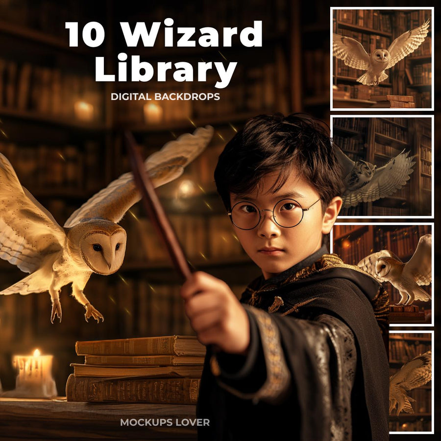 magical wizard library scene with white owl and wizard school elements, cover image