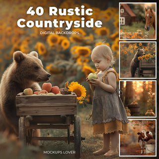 scene with farm animals like pig, duck, cow, horse on a rustic autumn road backdrop, perfect for photo editing