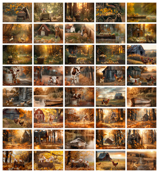 40 Farm Animal Digital Background Bundle, Rustic Photography Backdrop, Pig, Duck, Cow, Hen, Horse, Bear, Autumn Road, Instant Download