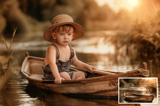 6 Sunset River Canoe digital Background, Summer backdrop, Fine Art portrait photography, Wooden Boat, Children composite, Photoshop overlay