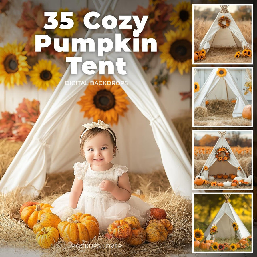 fall pumpkin digital photography bundle cover featuring autumn rustic scene with teepee tent and farm props