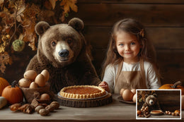 Fall Background Digital Photography Composite, Autumn Rustic Farmhouse Kitchen, Bear Baking Dinner Backdrop, Kid Fantasy Creative Portrait