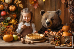 Fall Background Digital Photography Composite, Autumn Rustic Farmhouse Kitchen, Bear Baking Dinner Backdrop, Kid Fantasy Creative Portrait