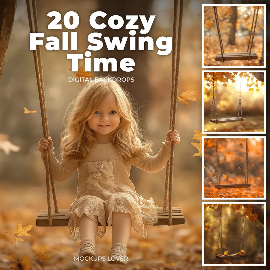 autumn digital background with wood swing and fall leaves ideal for photography backdrop or photoshop editing