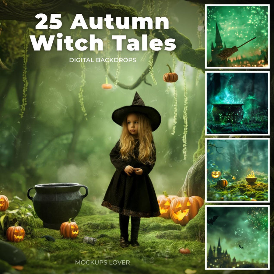 cover featuring witch scene with cauldron and broomstick for digital photography bundle