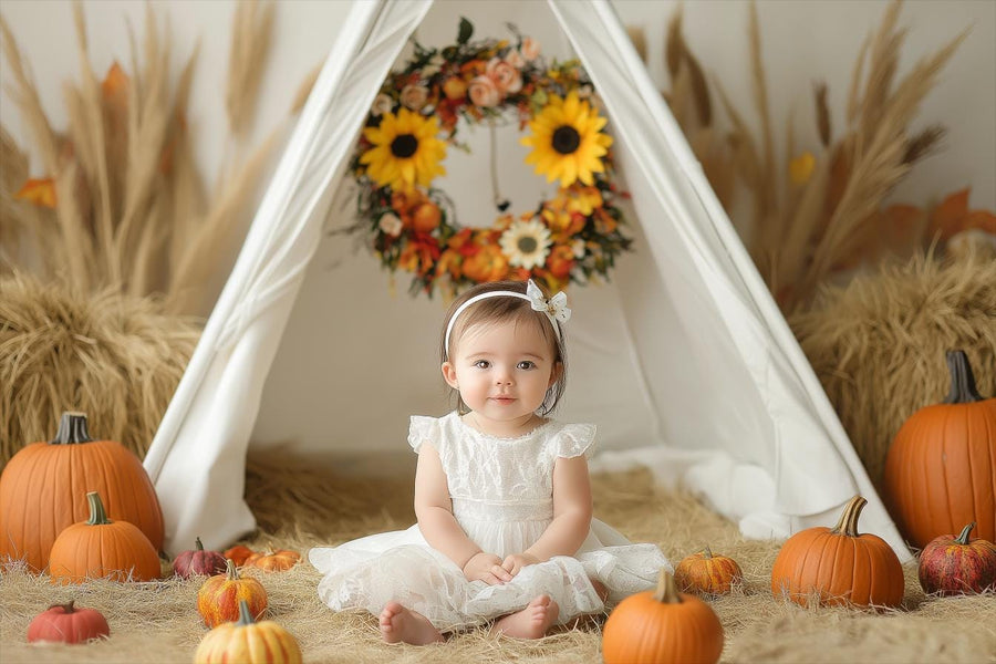 children in pumpkin teepee tent autumn scene, digital backdrop for photography