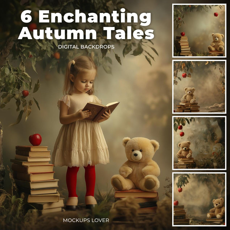 scene of children with fall leaves and vintage books, digital backdrop for photography