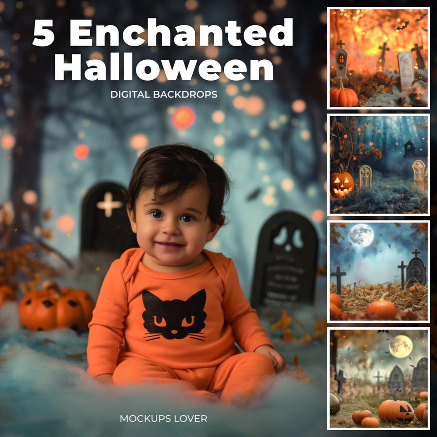 scene of a spooky halloween cemetery with pumpkins, tombstones, and autumn leaves, set as a backdrop for kids' portraits