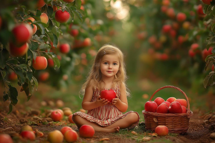 apple tree scene with autumn harvest, suitable for kids' photo shoots and photoshop templates
