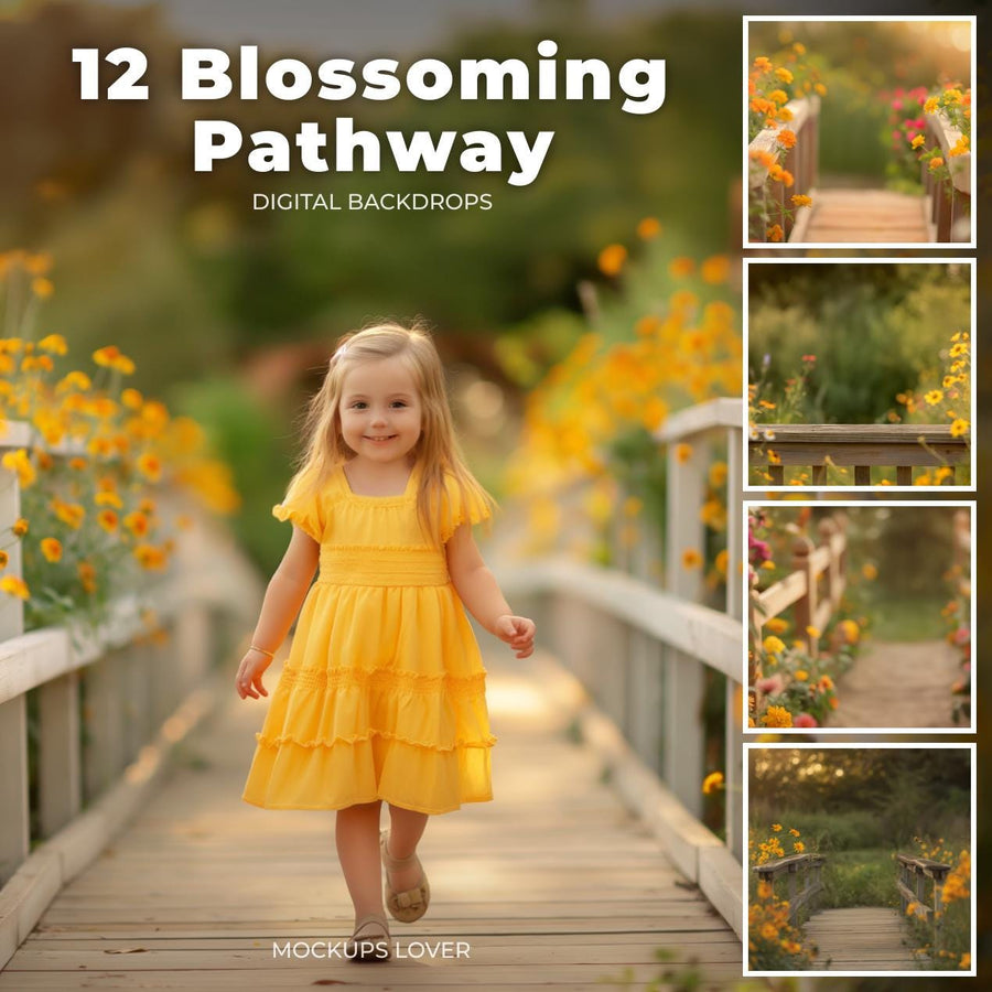 scene of a summer flower path with a wooden bridge and wildflowers, ideal for creative photo projects