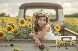 Sunflower Digital Photography Backdrops Set, Vintage Truck Digital Background, Summer Holiday Backdrop, Photo Editing, Rustic, Farm, Field