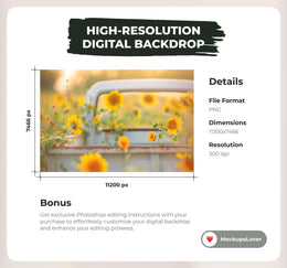 Sunflower Digital Photography Backdrops Set, Vintage Truck Digital Background, Summer Holiday Backdrop, Photo Editing, Rustic, Farm, Field