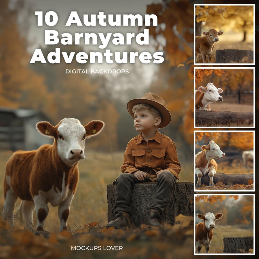 scene of a cow in an autumn farm setting with fall leaves, suitable as a cover for a photography backdrop set