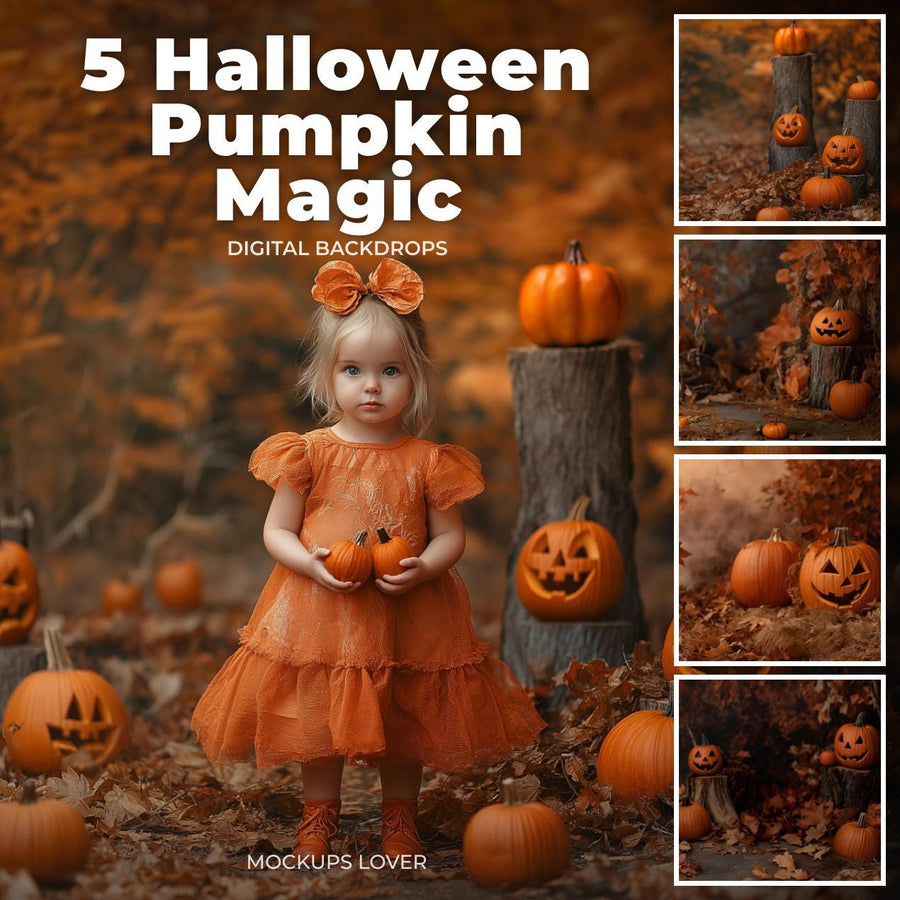 cute halloween kids with jackolantern in pumpkin patch, digital backdrop for photo editing