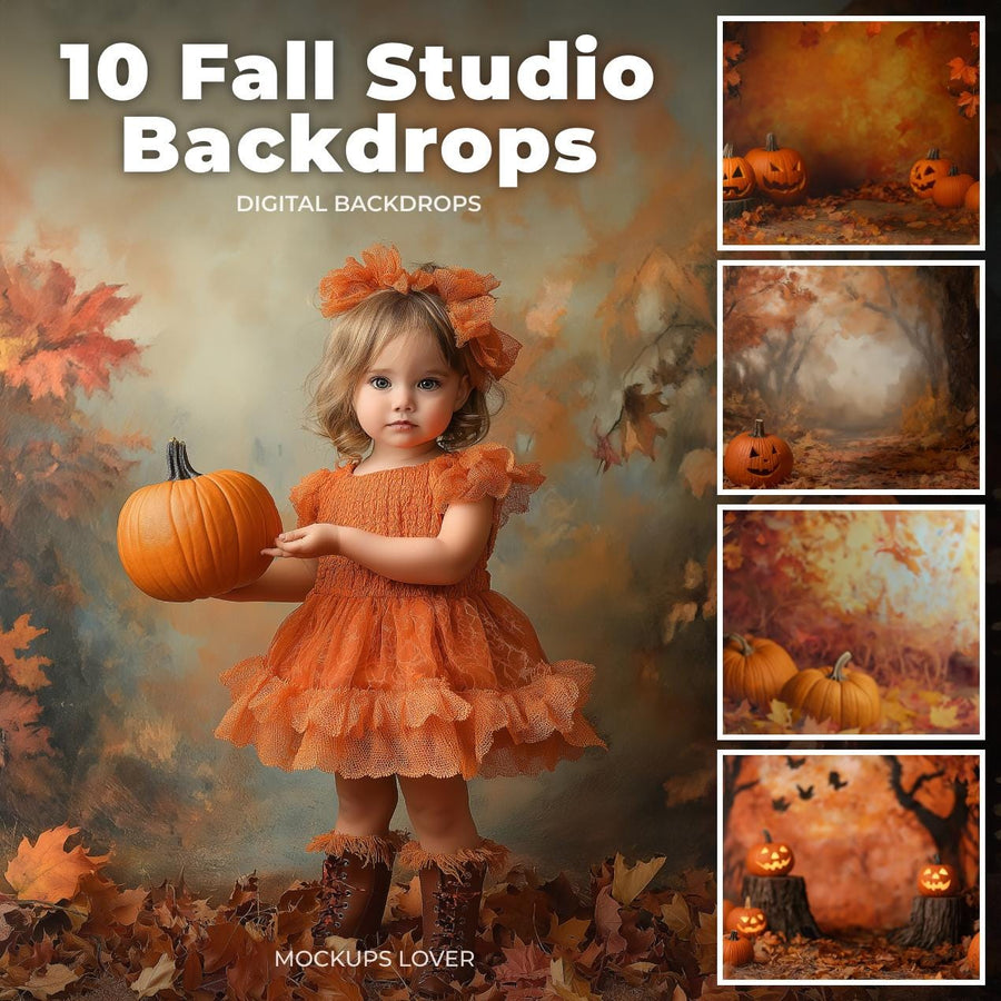 scene of autumn leaves and pumpkins, suitable as a kids photography backdrop, featuring fall foliage and seasonal elements