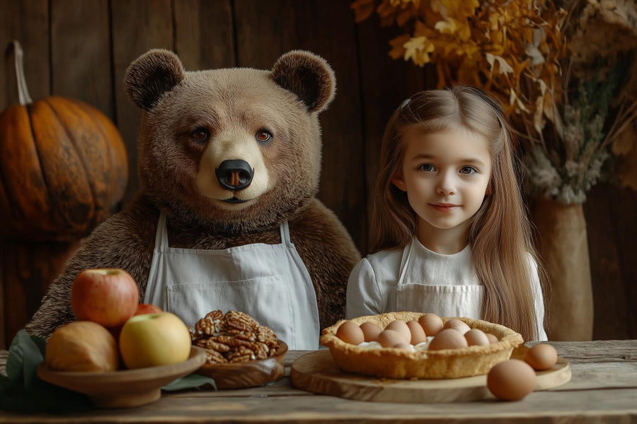 autumn baking bear chef scene, thanksgiving backdrop for kids and family photos