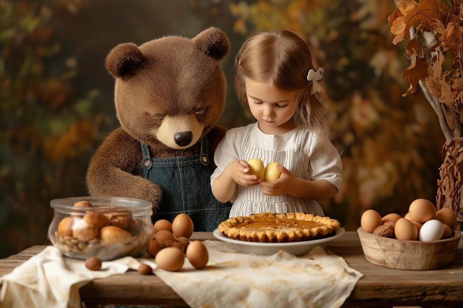 brown bear and woodland animals scene, kid portrait backdrop, rustic fall digital background, photoshop & canva template