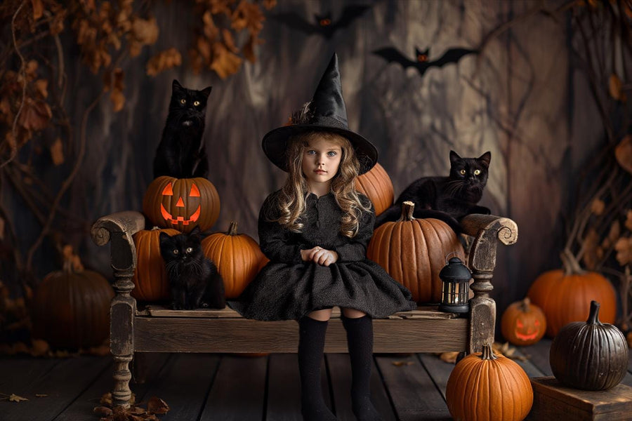 black cat halloween digital backdrop with pumpkins and fall leaves, ideal for kids' halloween photos