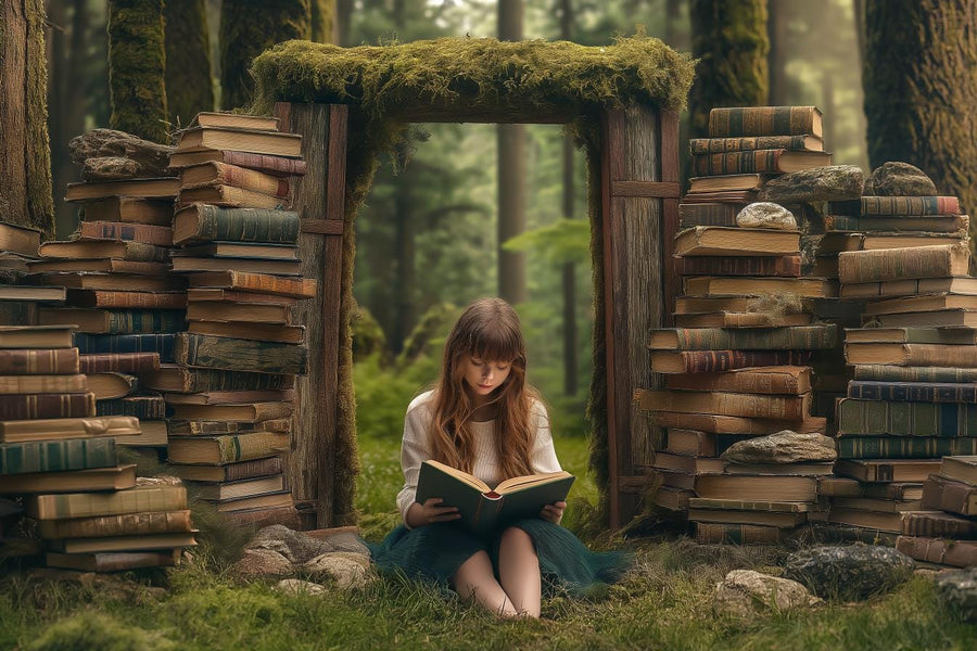 enchanted forest scene with vintage books, perfect for back-to-school photography backdrop
