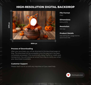 Fall Woodland Baby Digital Photography Background, Pumpkin Backdrop, Red Fox, Face Swap Overlay, Halloween Newborn Prop, Photoshop Template